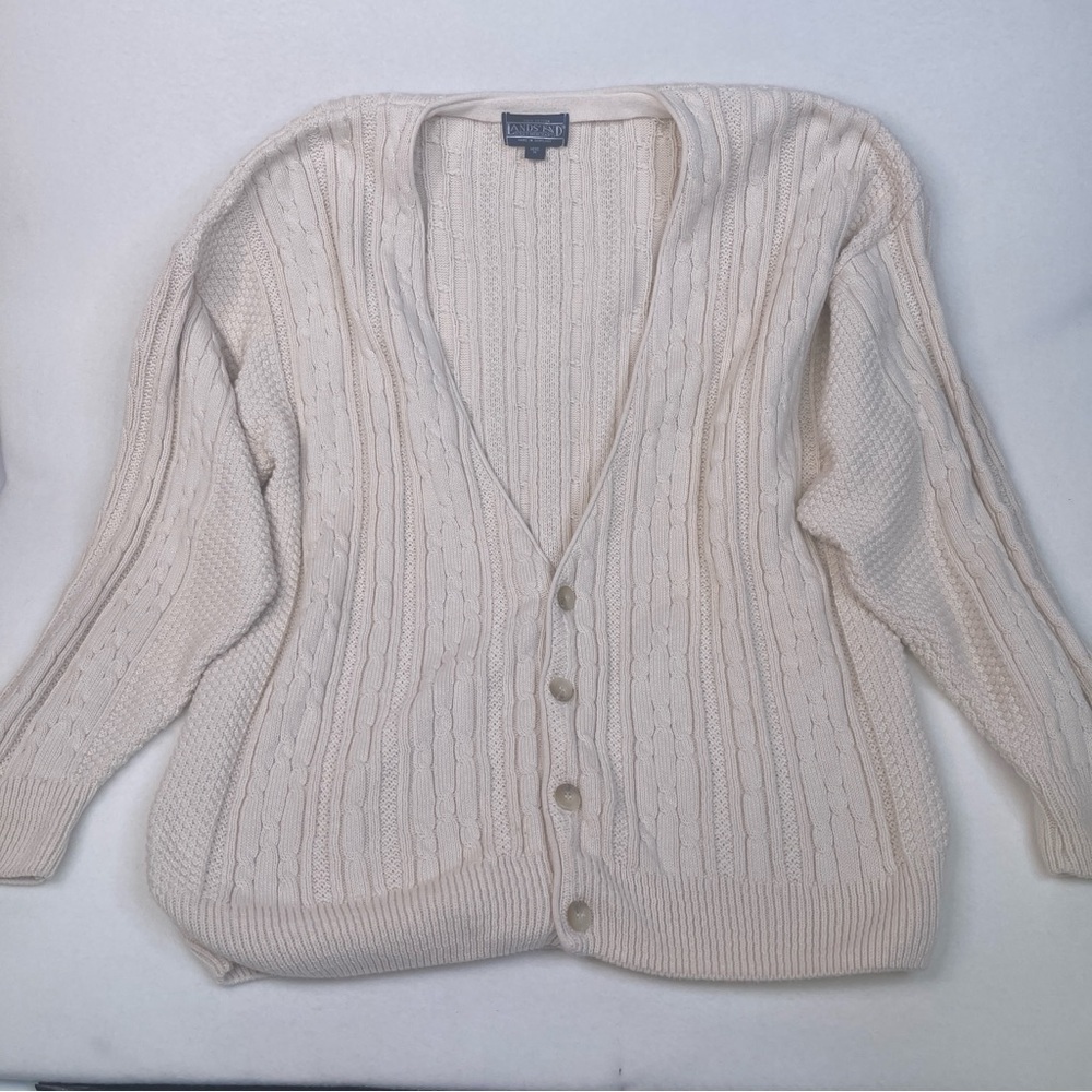 Lands End Mens Medium Beige Scottish Cable Knit Cardigan